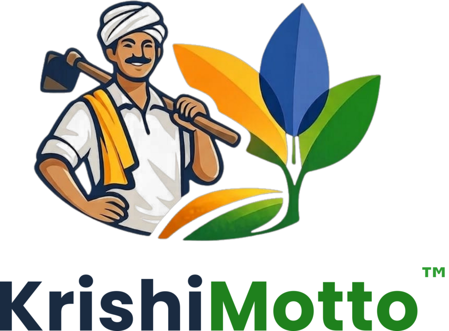 KrishiMotto — an Indian farmer beside a tricolour sapling, with the KrishiMotto wordmark